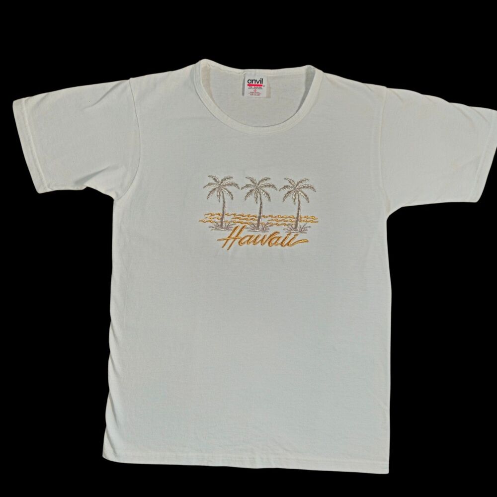 Vintage Anvil Hawaii T Shirt Size S White Embroidered Palm Trees 100% Cotton USA